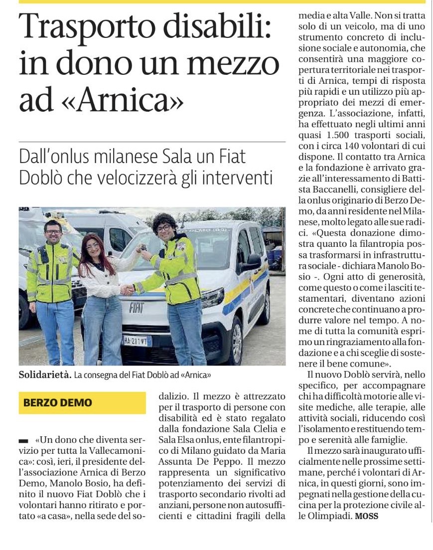 Fiat Doblo donato all'associazione L'Arnica