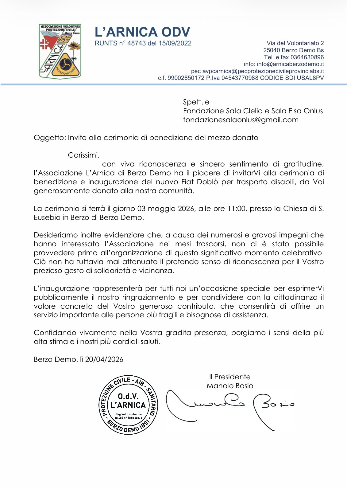 Fiat Doblo donato all'associazione L'Arnica